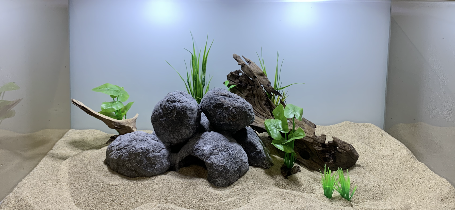 Handgefertigte Aquarium Barschhöhle aus Zement mit Felsenformation, dekoriert mit Pflanzen und Wurzel – Rock-Crafts“