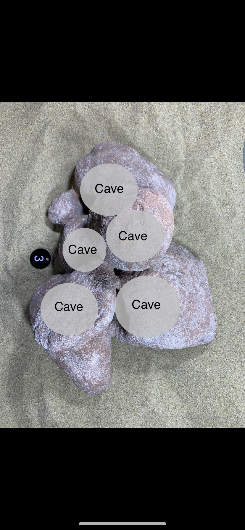 Kompakte graubeige Aquarium-Steinsammlung mit markierten Höhlenöffnungen für ideale Rückzugsmöglichkeiten.